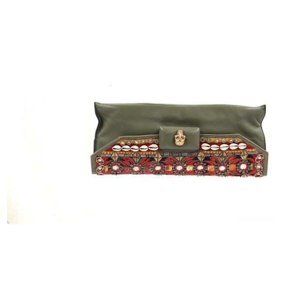 Alexander Mcqueen Embellished Flap Clutch Bag in Olive Leather - Picture 8 of 9